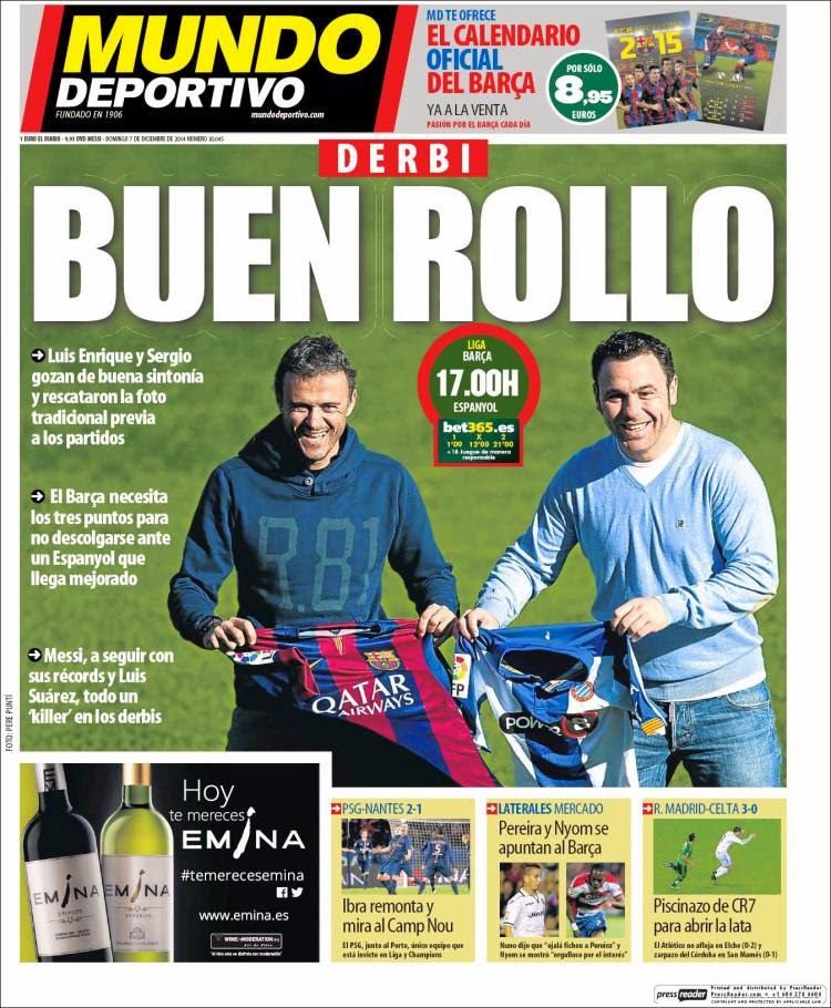Portada Mundo Deportivo:buen rollo en el derbi catalán Portada Mundo Deportivo:buen rollo en el derbi catalán