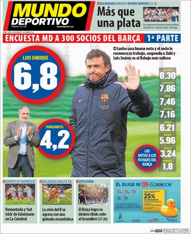 Portada Mundo Deportivo: Luis Enrique 6,8 Portada Mundo Deportivo: Luis Enrique 6,8
