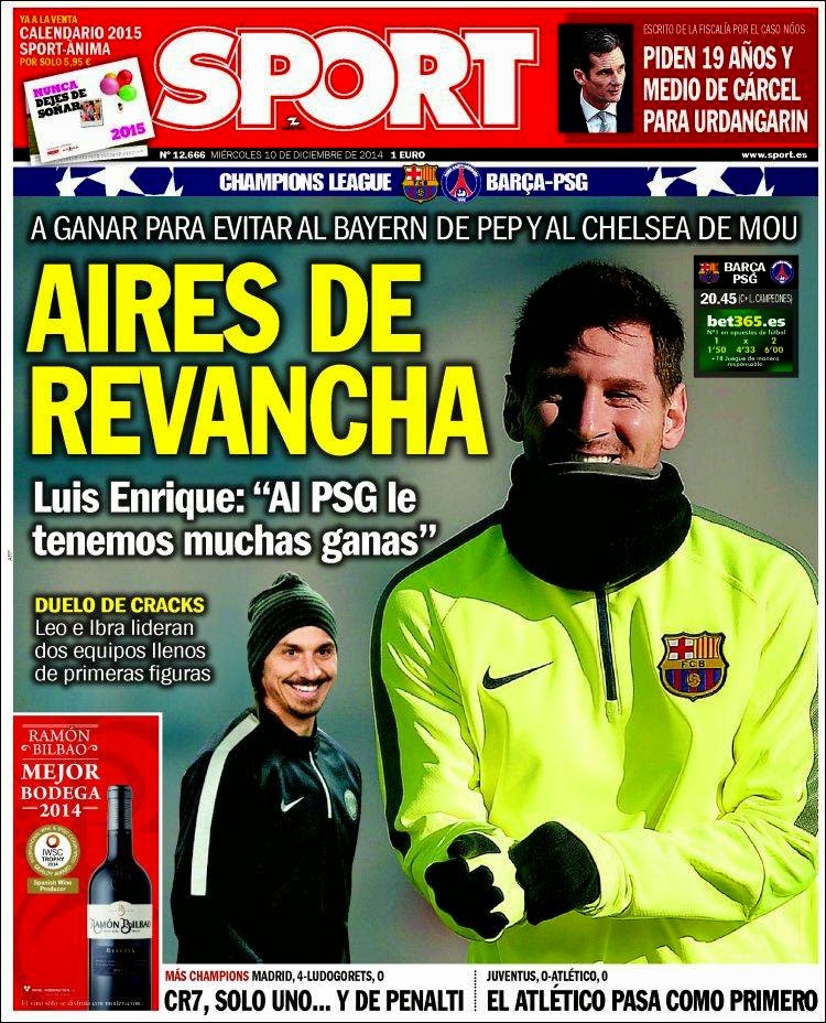Portada SPORT: Barça-PSG por la Champions League Portada SPORT: Barça-PSG por la Champions League