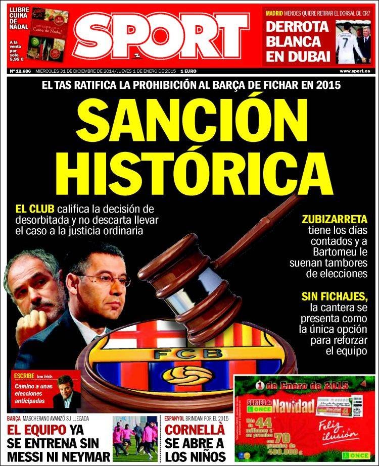 Portada Sport: Sanción histórica del TAS al Barça Portada Sport: Sanción histórica del TAS al Barça