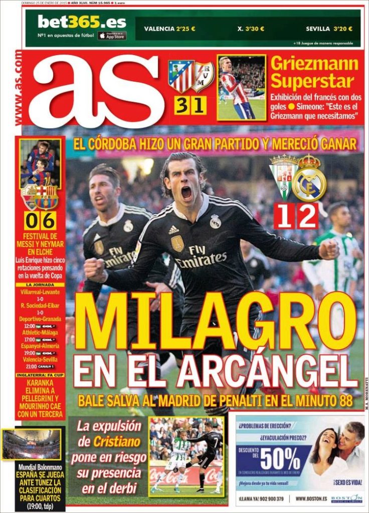 Portada AS: Milagro en El Arcángel Portada AS: Milagro en El Arcángel cordoba real madrid bale