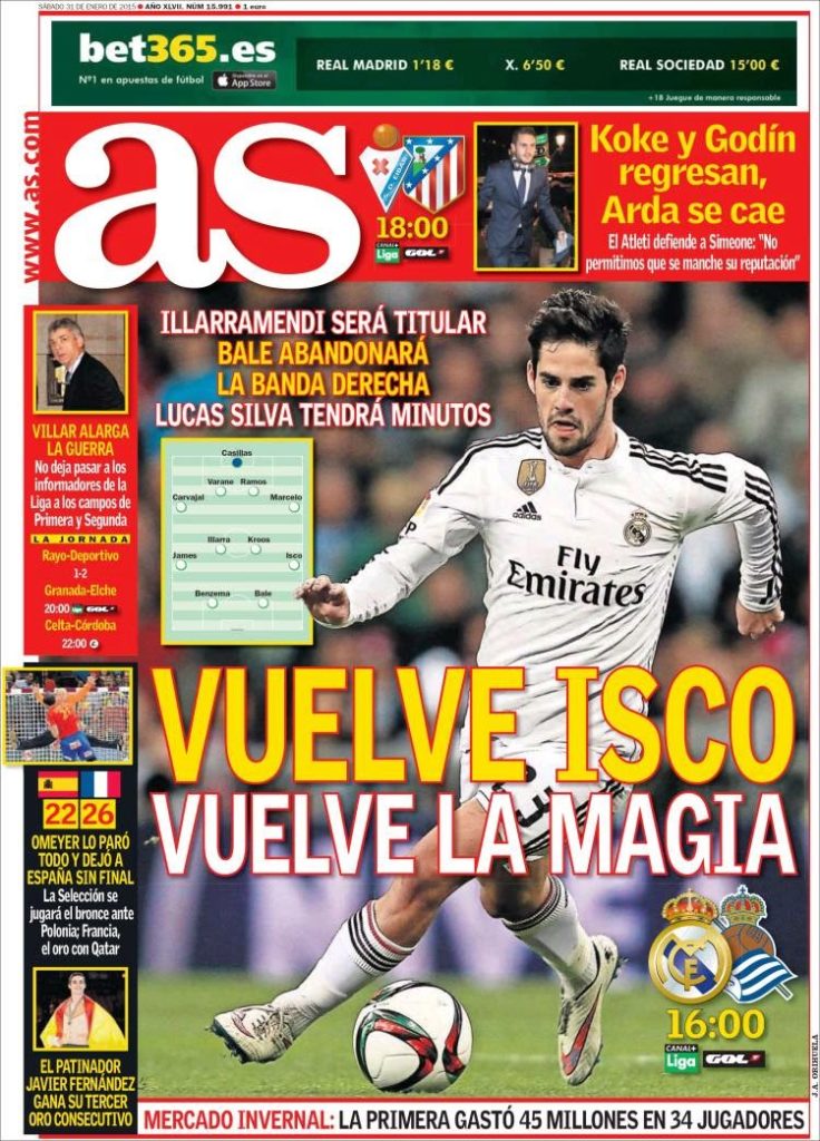 Portada As: Vuelve Isco y su magia Portada As: Vuelve Isco y su magia