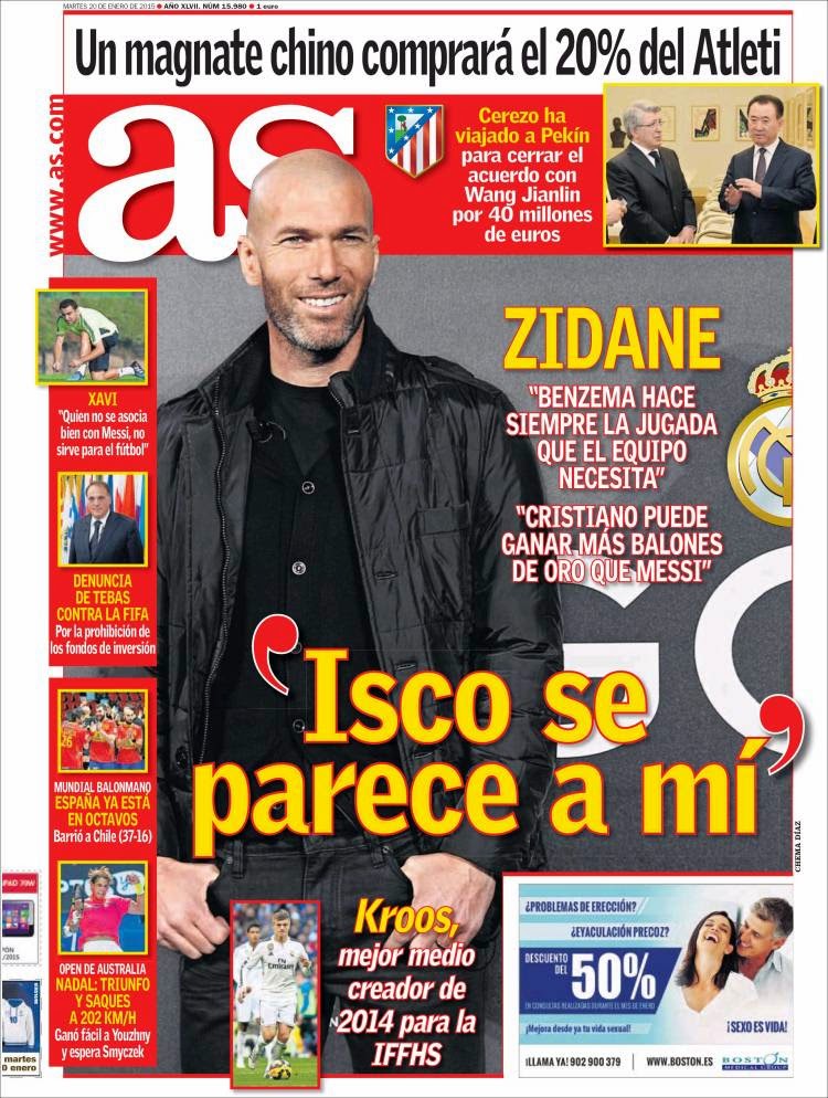 Portada AS: Zidane elogia a Isco Portada AS: Zidane elogia a Isco