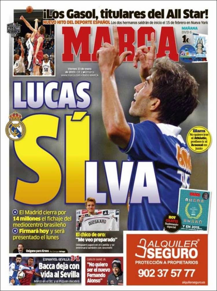 Portada Marca: el Madrid ficha a Lucas Silva y presenta a Odegaard Portada Marca: el real Madrid ficha a Lucas Silva y presenta a Odegaard