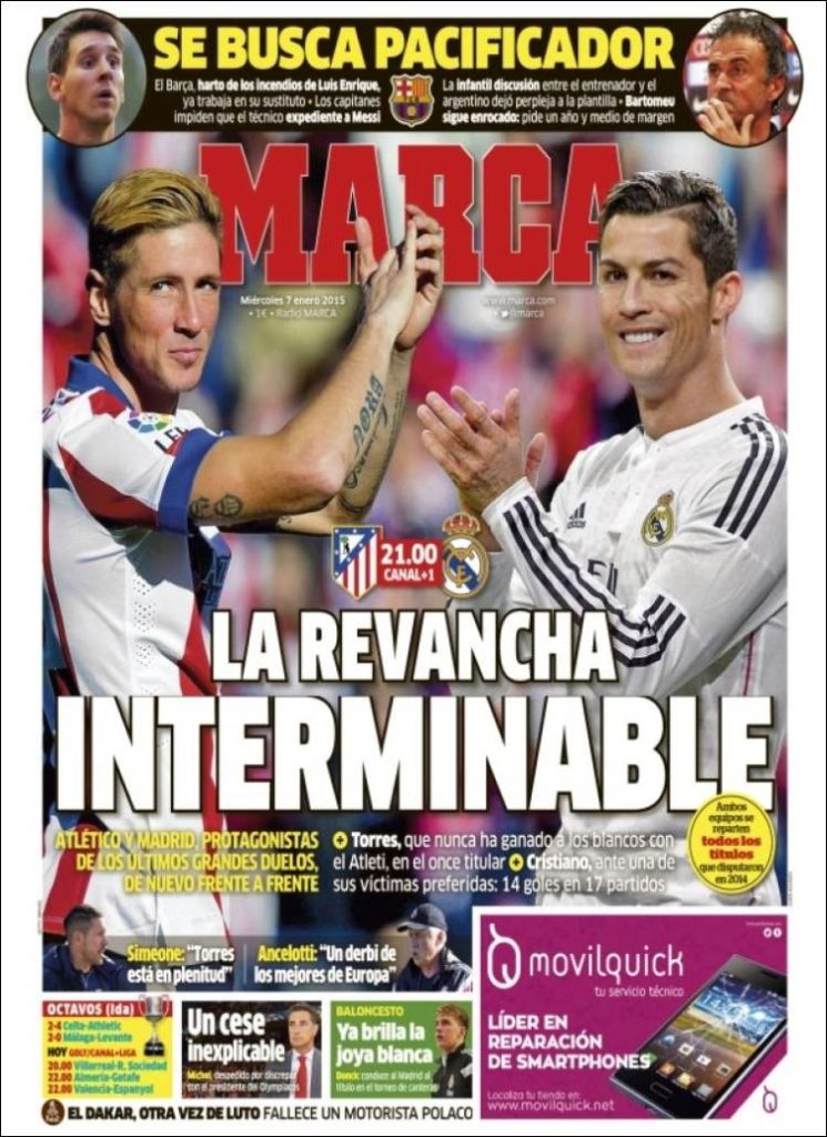 Portada Marca: Atlético vs. Real Madrid por la copa del rey Portada Marca: Atlético vs. Real Madrid por la copa del rey octavos de final