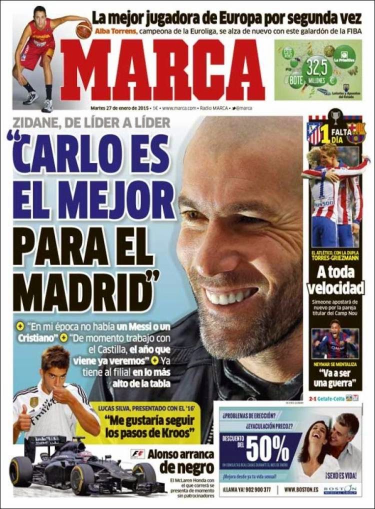 Portada Marca: Zidane dice que Ancelotti es el mejor Portada Marca: Zidane dice que Ancelotti es el mejor