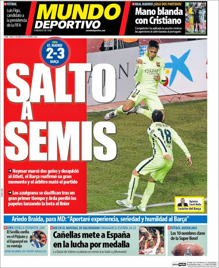 Portada Mundo Deportivo: el Barça clasifica a semis de Copa Portada Mundo Deportivo: el Barça clasifica a semis de Copa del rey