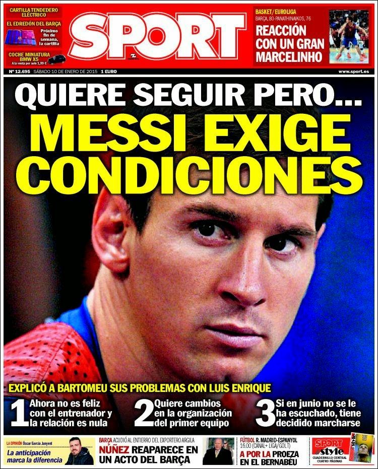 Portada Sport: Messi exige condiciones o se va en junio Portada Sport: Messi exige condiciones o se va en junio