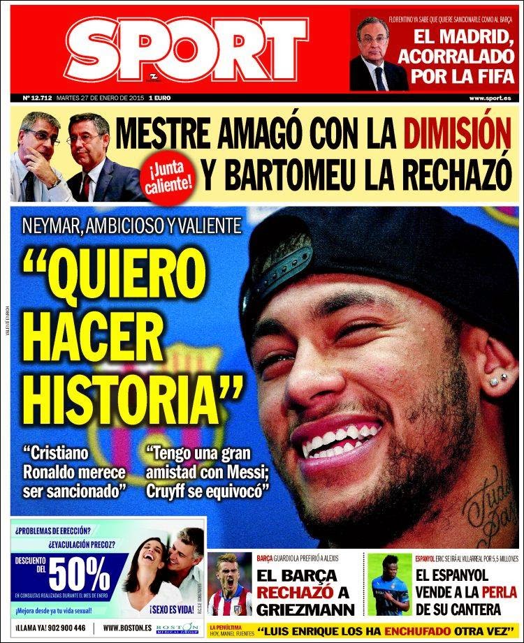 Portada Sport: Neymar quiere hacer historia Portada Sport: Neymar quiere hacer historia
