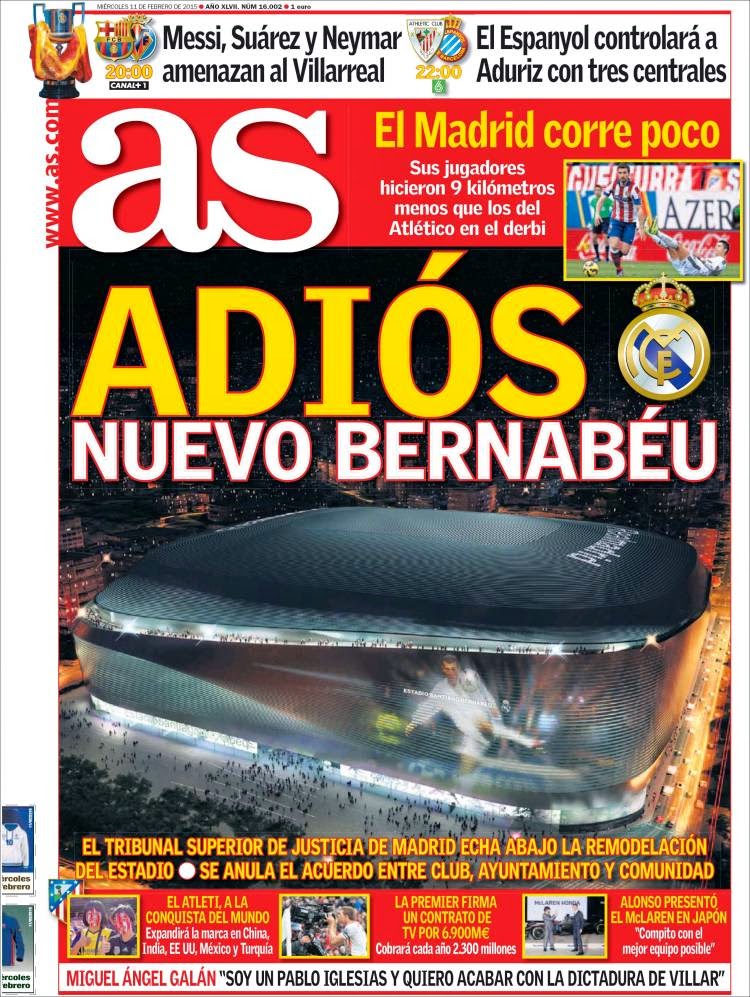 Portada AS: adiós al Nuevo Bernabéu Portada AS: adiós al Nuevo Bernabéu