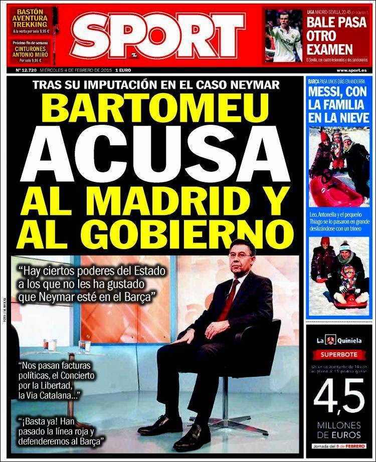 Portada Sport: Bartomeu acusa al gobierno Portada Sport: Bartomeu acusa al gobierno
