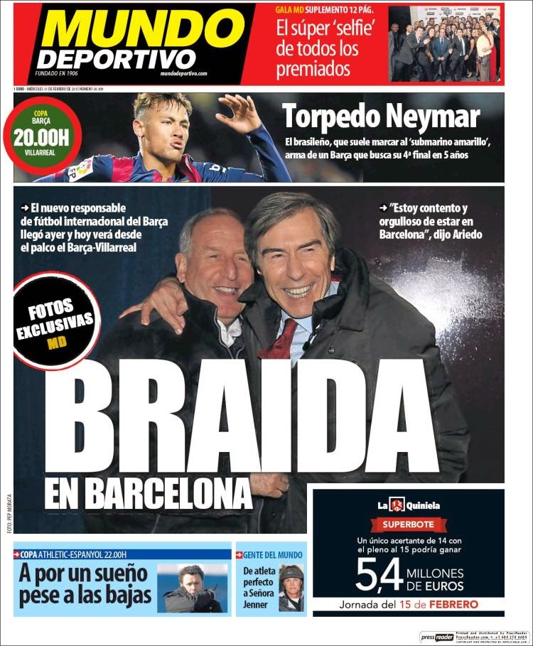 Portada Mundo Deportivo: Braida en Barcelona Portada Mundo Deportivo: Braida en Barcelona
