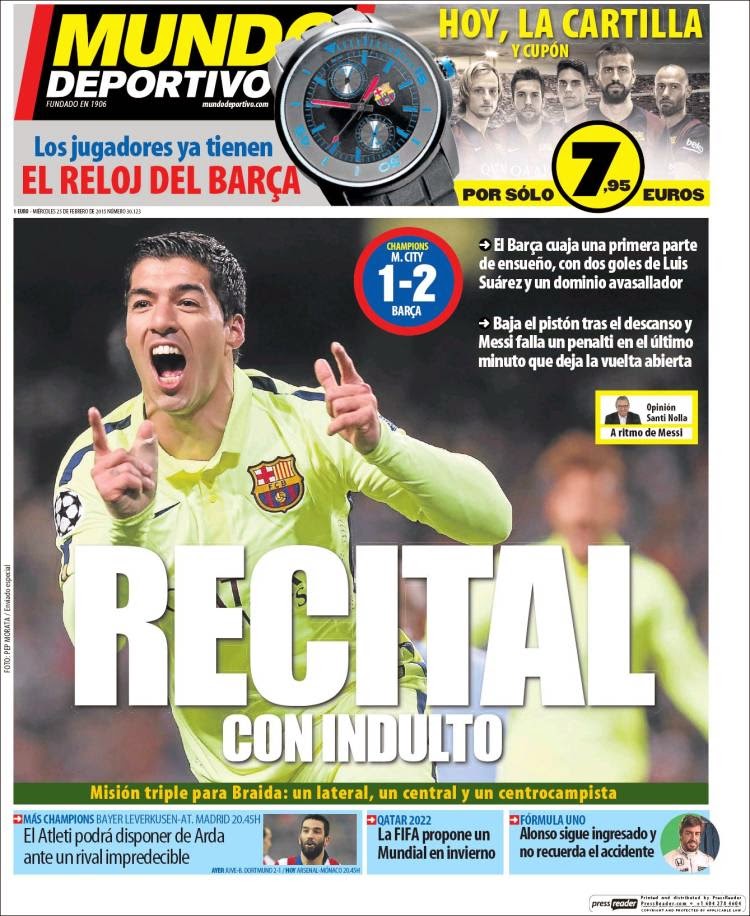 Portada Mundo Deportivo: recital del Barça ante el City Portada Mundo Deportivo: recital del Barça ante el City doblete suarez, messi falla penal