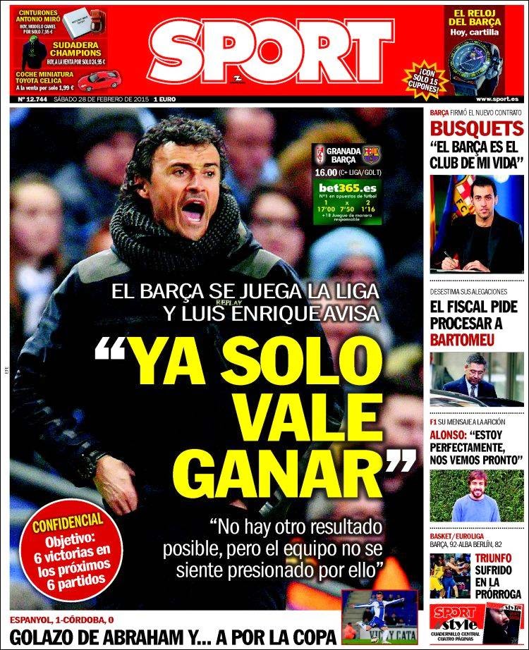 Portada Sport: al Barça solo le vale ganar Portada Sport: al Barça solo le vale ganar