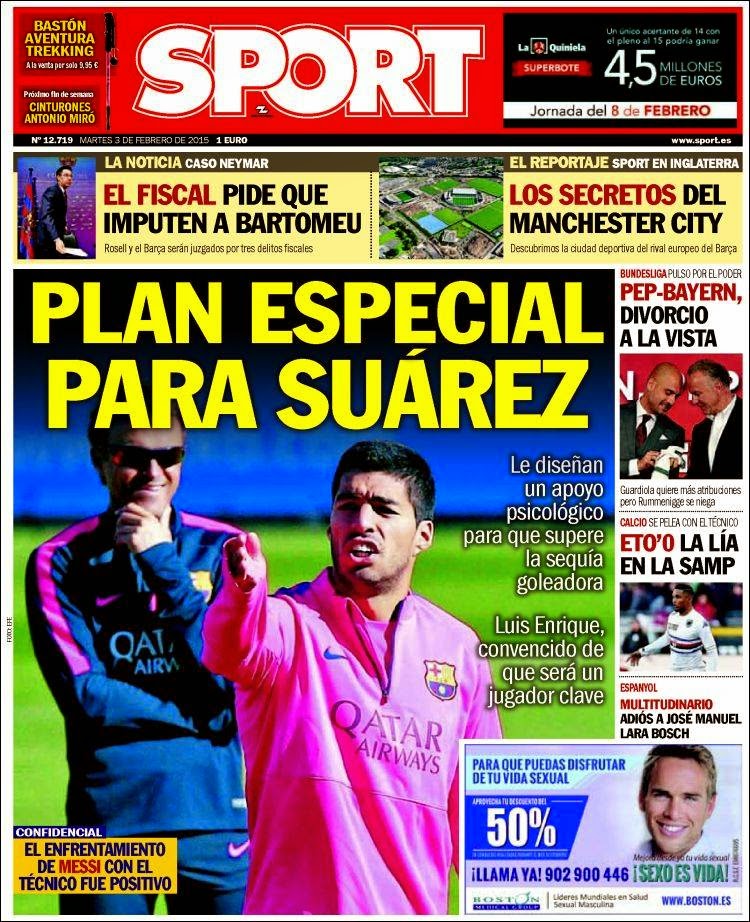 Portada Sport: Plan especial para Suárez Portada Sport: Plan especial para Suárez