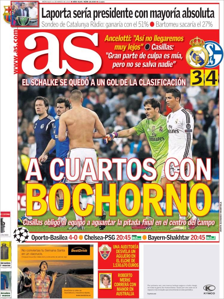 Portada AS: a cuartos con Bochorno Portada AS: a cuartos con Bochorno real madrid pierde con el schalke