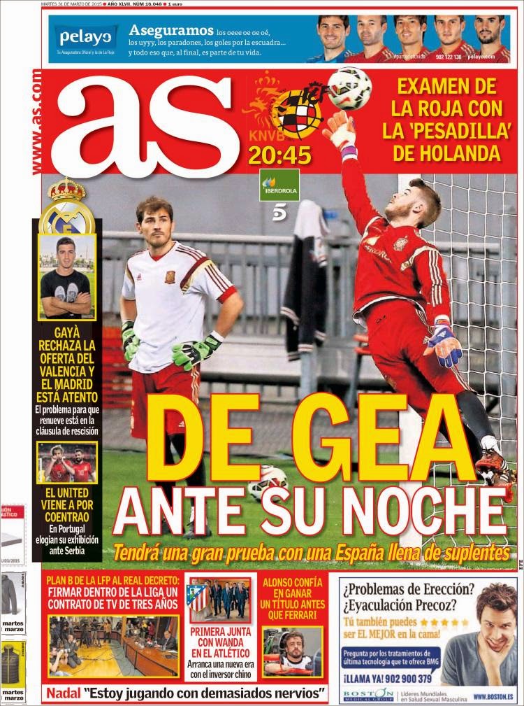 Portada AS: la hora de De Gea, hoy Holanda-España Portada AS: la hora de De Gea, hoy Holanda-España