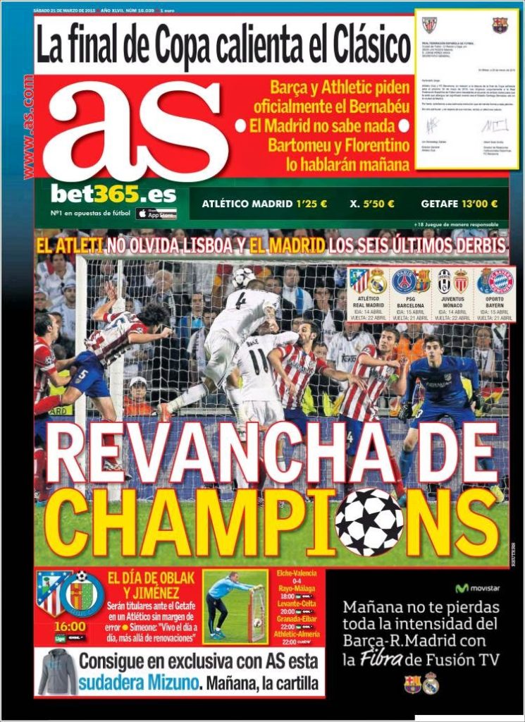 Portada AS: revancha de Champions Portada AS: revancha de Champions atletico real madrid
