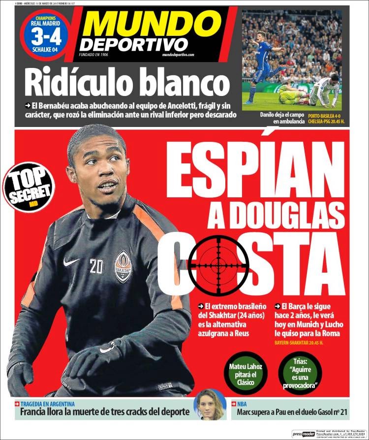 Portada Mundo Deportivo: espían a Douglas Costa Portada Mundo Deportivo: espían a Douglas Costa