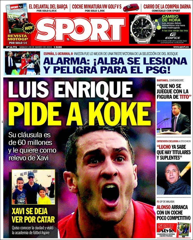 Portada Sport: Luis Enrique pide a Koke Portada Sport: Luis Enrique pide a Koke