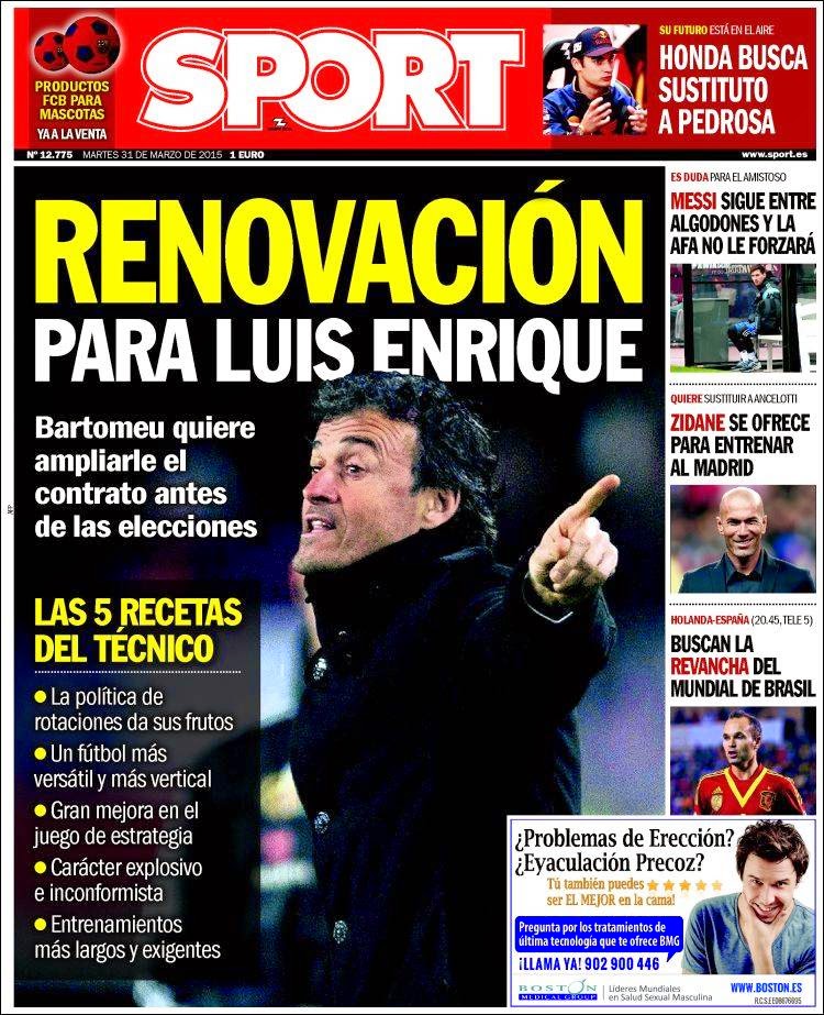 Portada Sport: renovación para Luis Enrique Portada Sport: renovación para Luis Enrique
