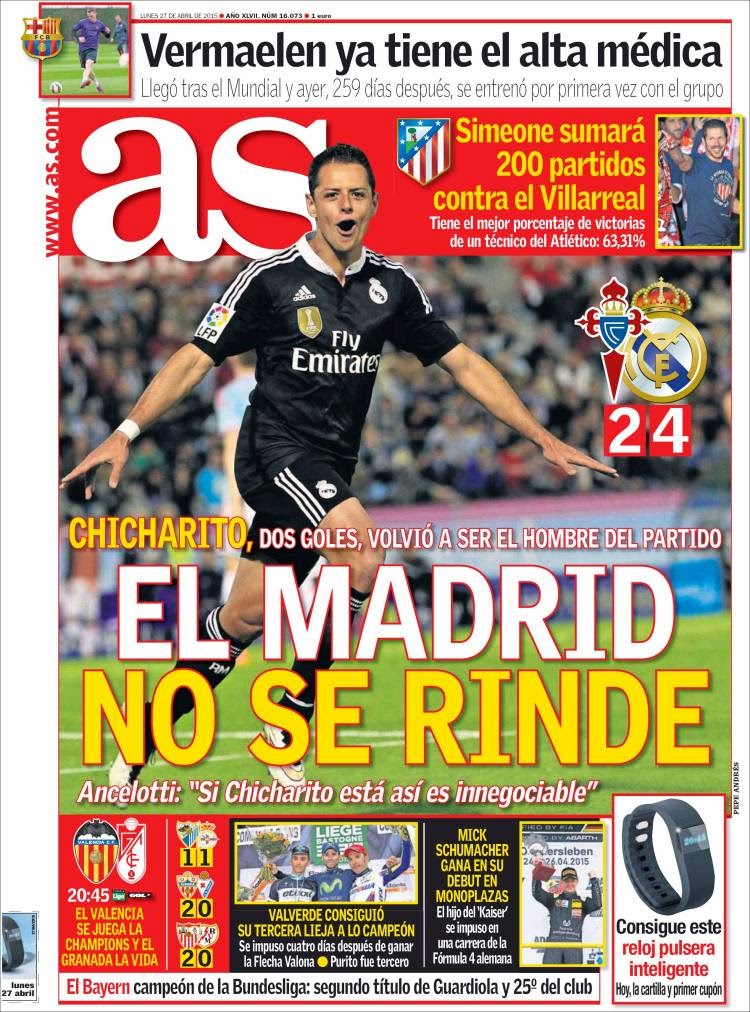 Portada AS: el Madrid no se rinde Portada AS: el Madrid no se rinde chicharito doblete