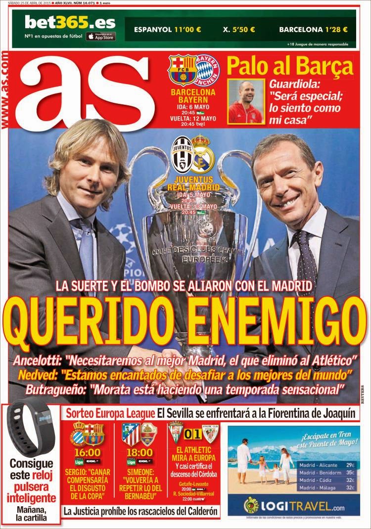 Barça-Bayern y Madrid-Juventus en semis de Champions: las portadas