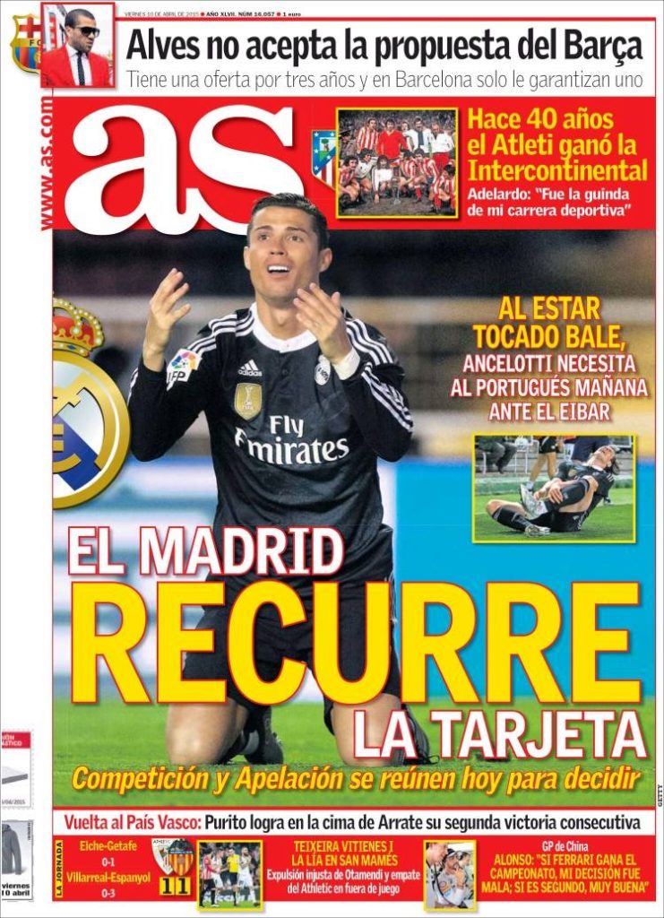 Portada AS: el Real Madrid recurre la tarjeta de CR7 Portada AS: el Real Madrid recurre la tarjeta de CR7