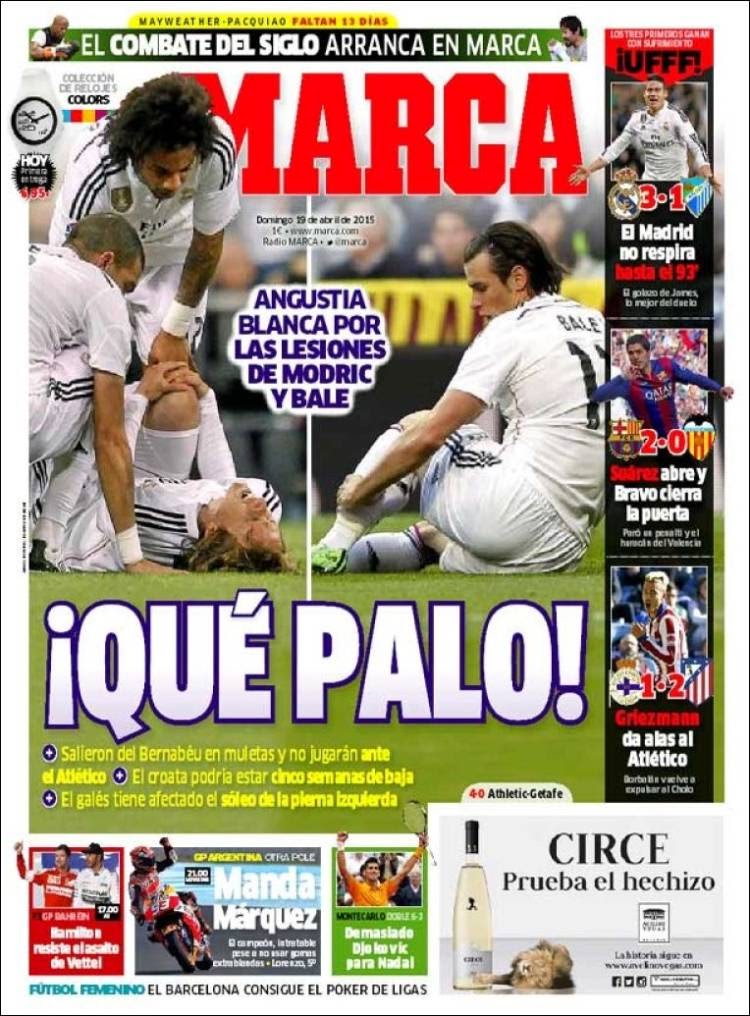Portada Marca: Que palo, Bale y Modric lesionados Portada Marca: Que palo, Bale y Modric lesionados