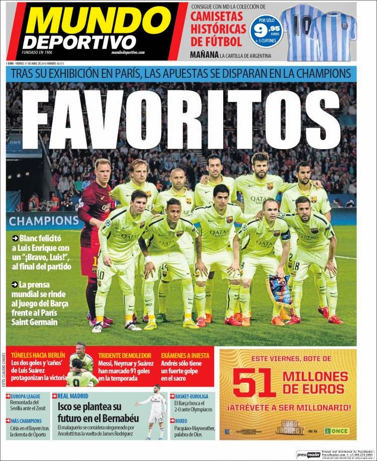 Portada Mundo Deportivo: Barça favorito para Champions Portada Mundo Deportivo: Barça favorito para Champions