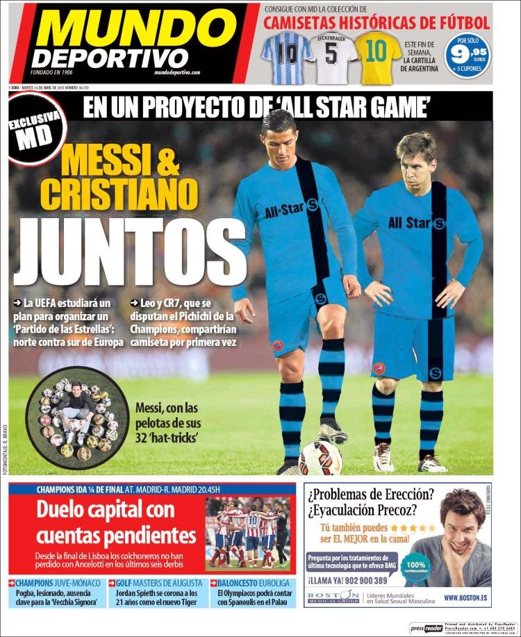 Portada Mundo Deportivo: Messi y Cristiano juntos Portada Mundo Deportivo: Messi y Cristiano juntos partido de las estrellas