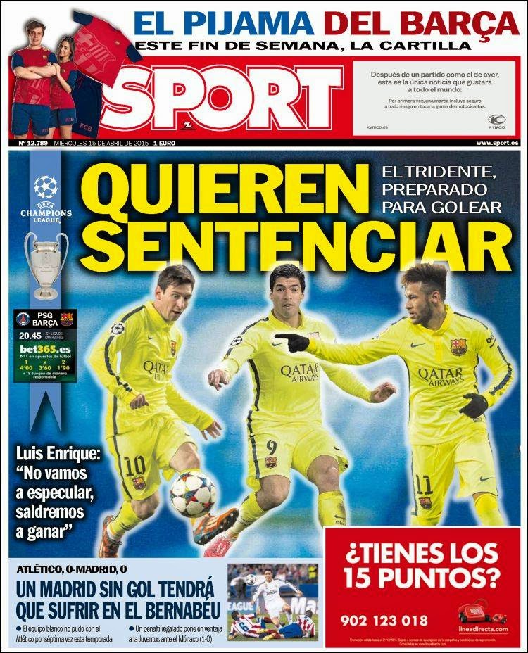 El Barça saldrá a ganar en París, el Euroderbi se define en el Bernabéu: las portadas