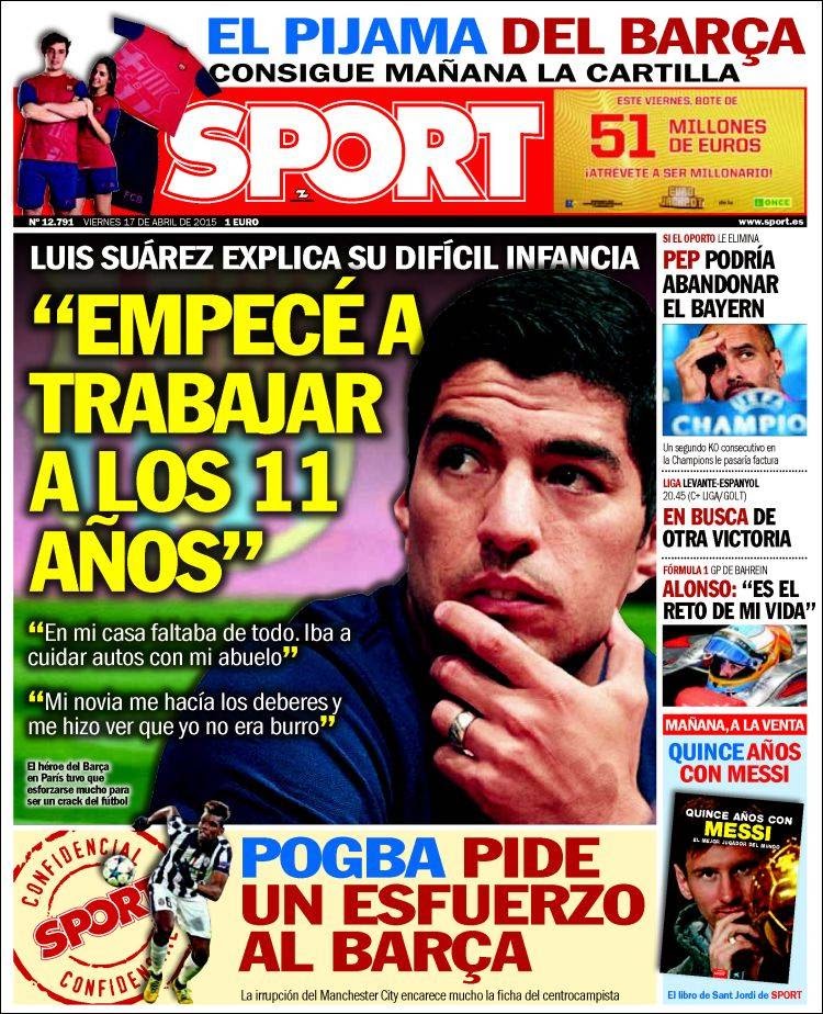 Portada Sport: Luis Suárez tuvo una infancia difícil Portada Sport: Luis Suárez tuvo una infancia difícil