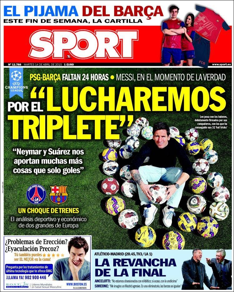 Portada Sport: Messi quiere el triplete Portada Sport: Messi quiere el triplete