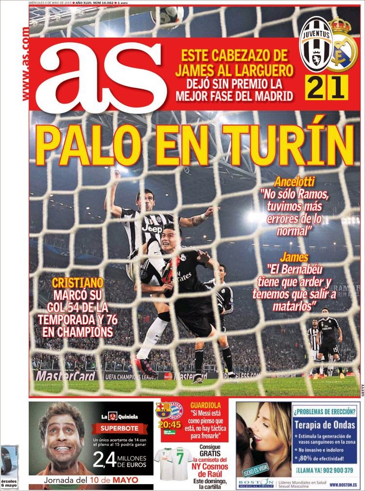 El Real Madrid cae en Turín, hoy Barça-Bayern: las portadas