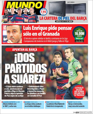 Portada Mundo Deportivo: dos partidos a Suárez Portada Mundo Deportivo: dos partidos a Suárez