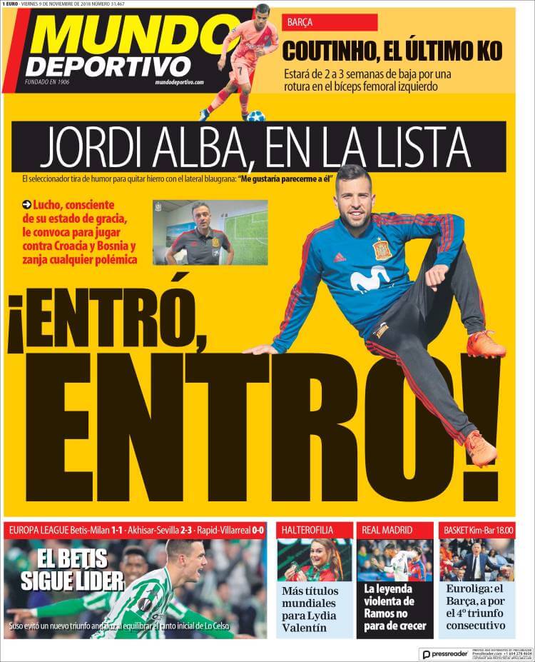 Portada Mundo Deportivo 9/11/2018