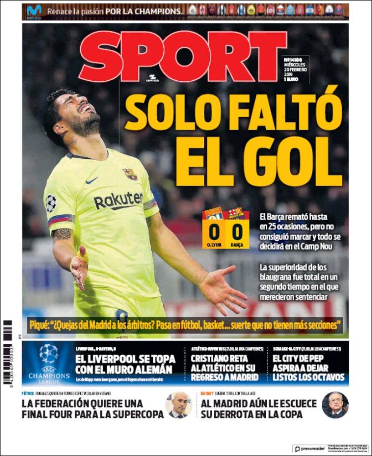 Portada del Periódico Sport Portada del Periódico Sport