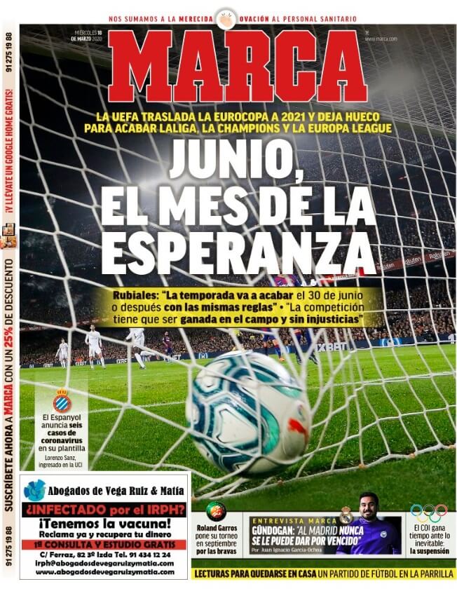 Portadas Diarios Deportivos Miércoles 18/03/2020