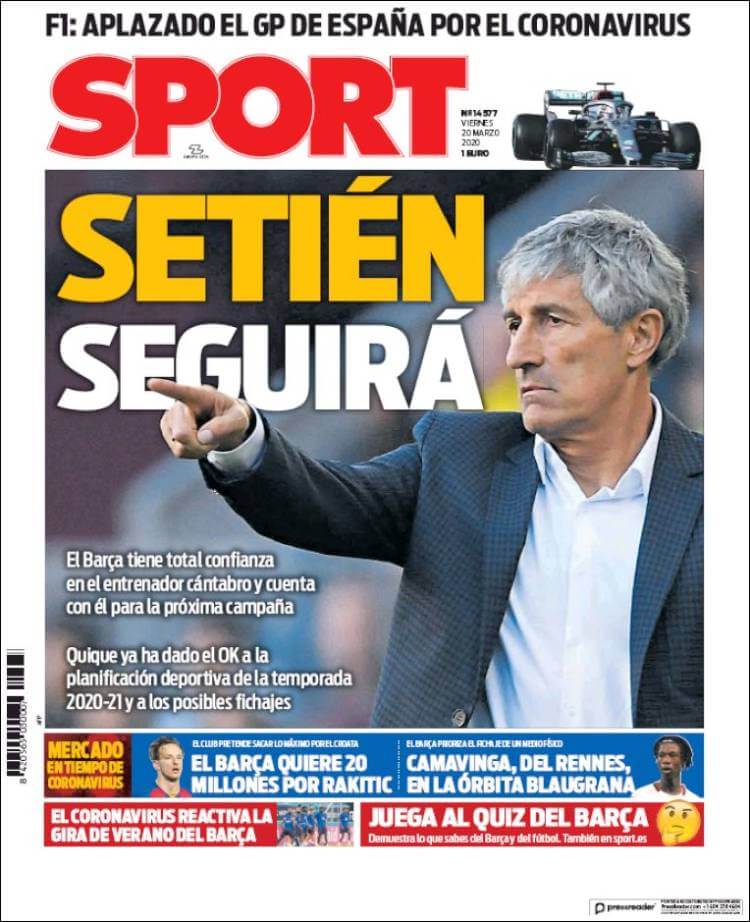 Portadas Diarios Deportivos Viernes 20/03/2020