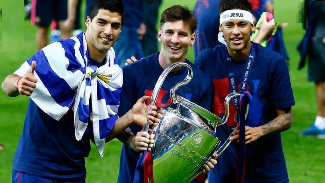 messi suarez y neymar con la champions 2015 de berlín