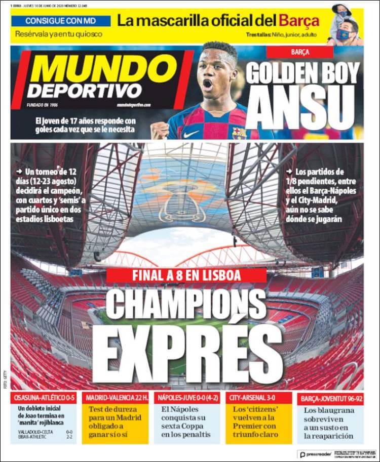 Portadas Diarios Deportivos Jueves 18/06/2020