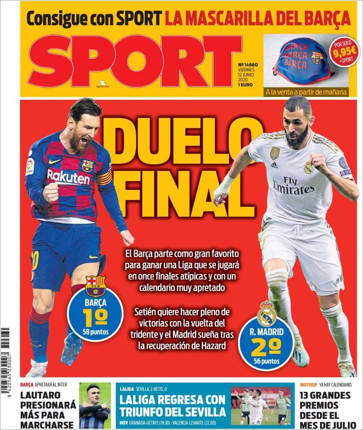 Portadas Diarios Deportivos Viernes 12/06/2020 Portadas Diarios Deportivos Viernes 12/06/2020