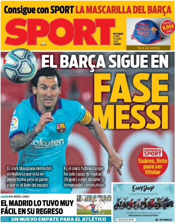 Portadas Diarios Deportivos Lunes 15/06/2020