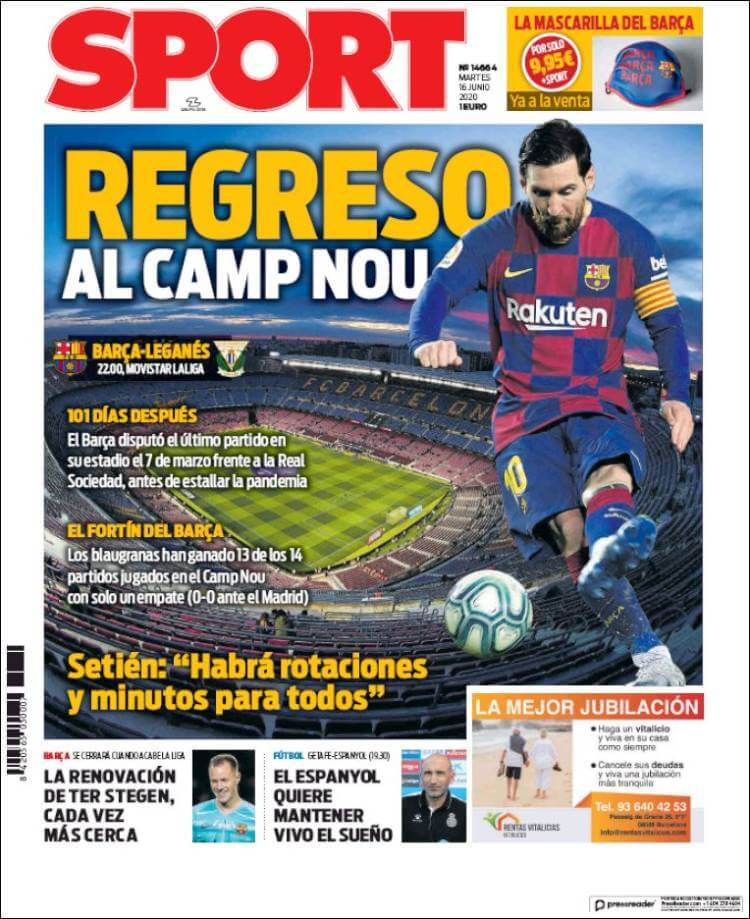 Portadas Diarios Deportivos Martes 16/06/2020 Portadas Diarios Deportivos Martes 16/06/2020