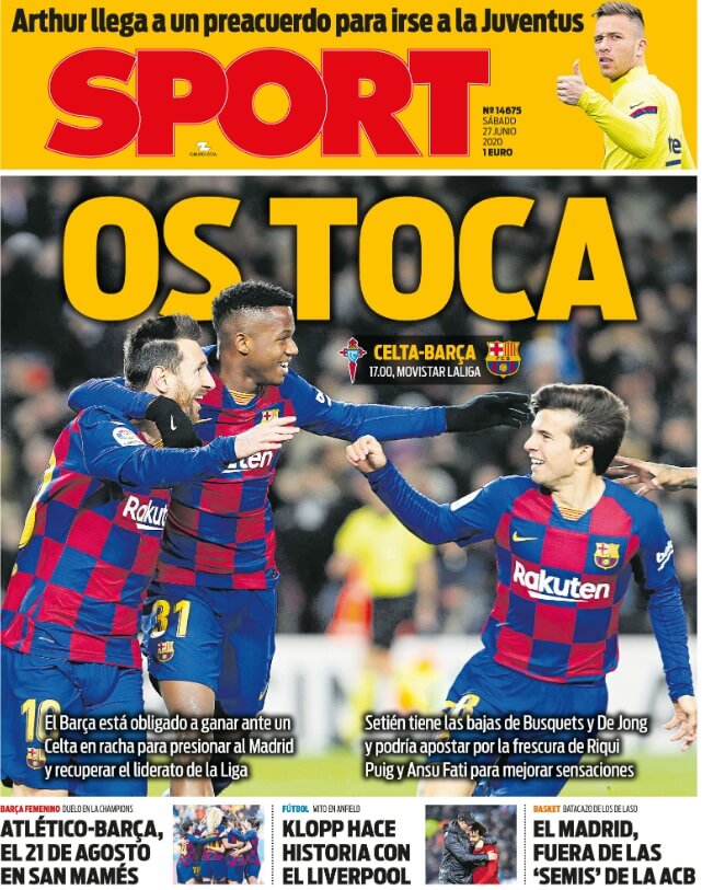 Portadas Diarios Deportivos Sábado 27/06/2020 Portadas Diarios Deportivos Sábado 27/06/2020
