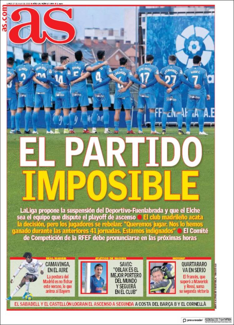 Portadas Diarios Deportivos Lunes 27/07/2020