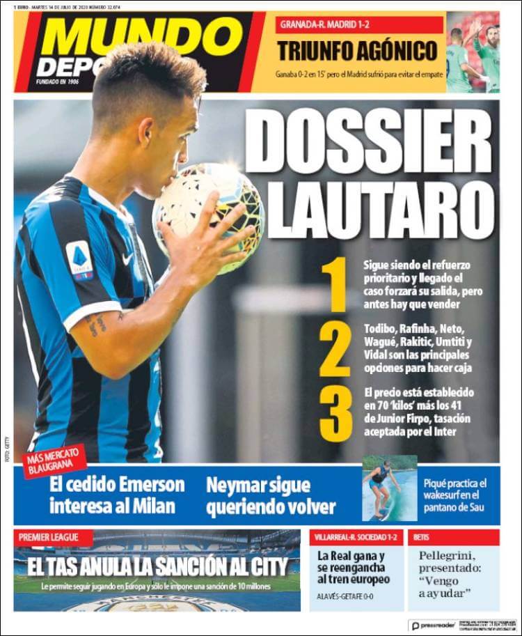 Portadas Diarios Deportivos Martes 14/07/2020