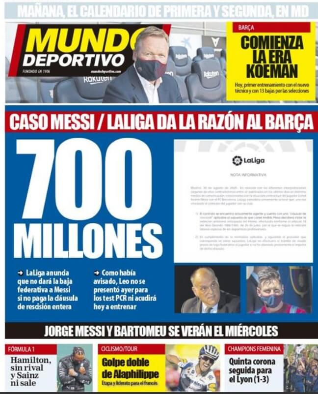 Portadas Diarios Deportivos Lunes 31/08/2020
