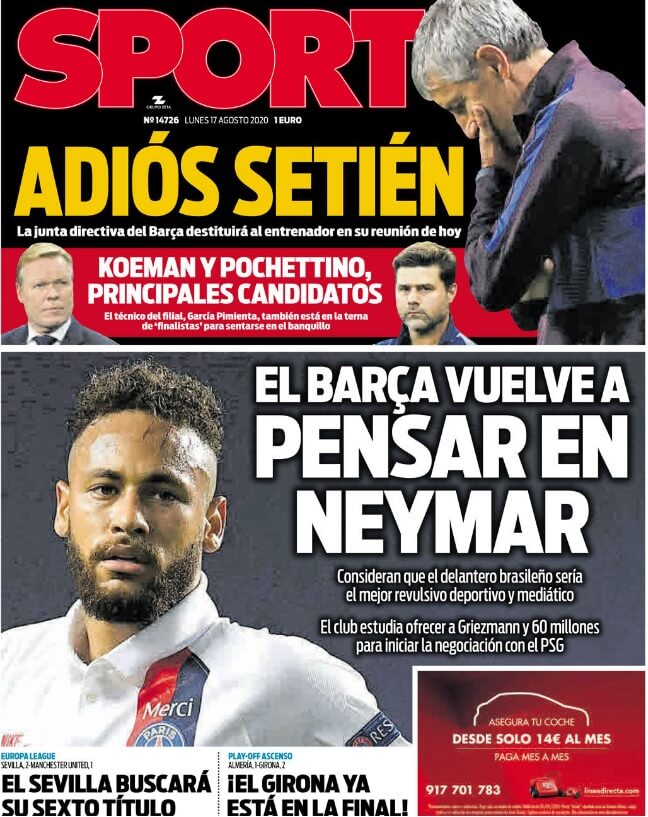Portadas Diarios Deportivos Lunes 17/08/2020 Portadas Diarios Deportivos Lunes 17/08/2020